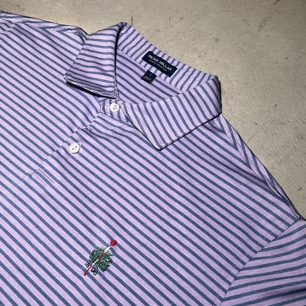 Peter Millar Crown Crafted Merion Golf Club 1896 Polo Mens L Purple Stripe